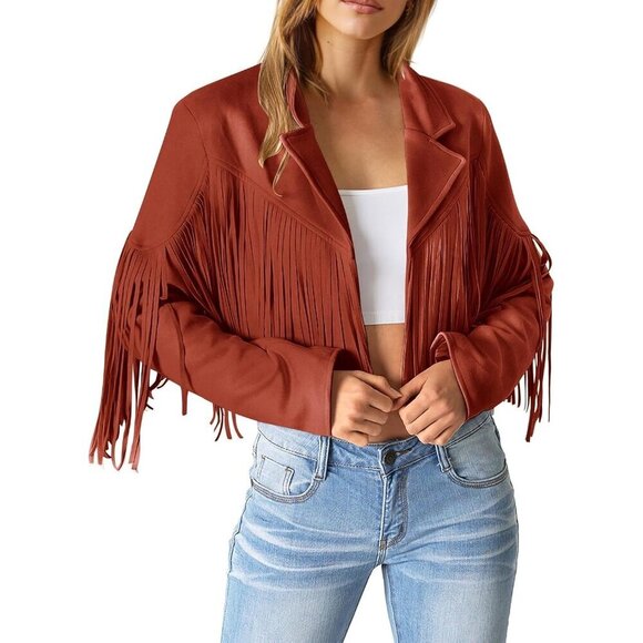 Women's  Brick Red Faux Suede Leather Tassel Motorcycle Cropped Jackets - Picture 2 of 9
